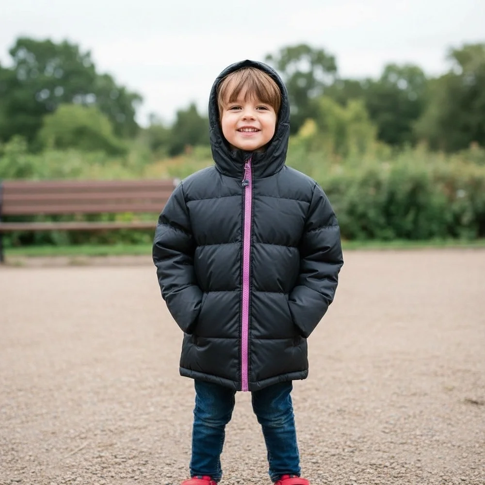 Kids' Black Puffer Jacket with Purple Accent